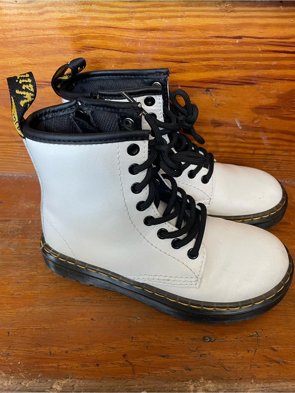 Dr. Martens White Leather Lace-Up Boots with Black Trim & Side Zip , Kids 11